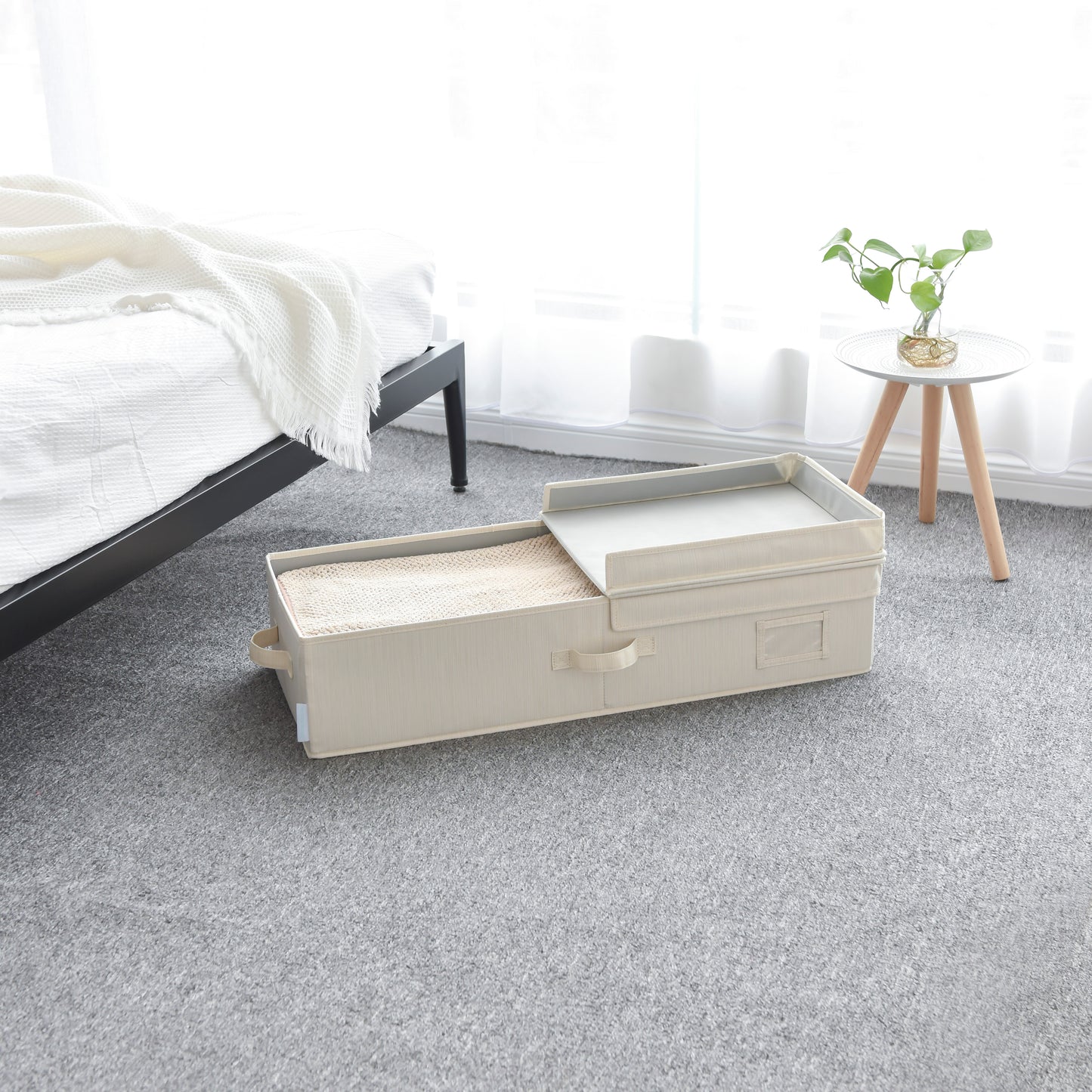 WeThinkStorage Folding Fabric Under Bed Organizer w/Double Open Lid - Ivory