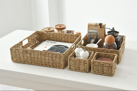 WeThinkStorage Set of 5 Hand-Woven Natural Seagrass Decorative Storage Bins - Natural Woven