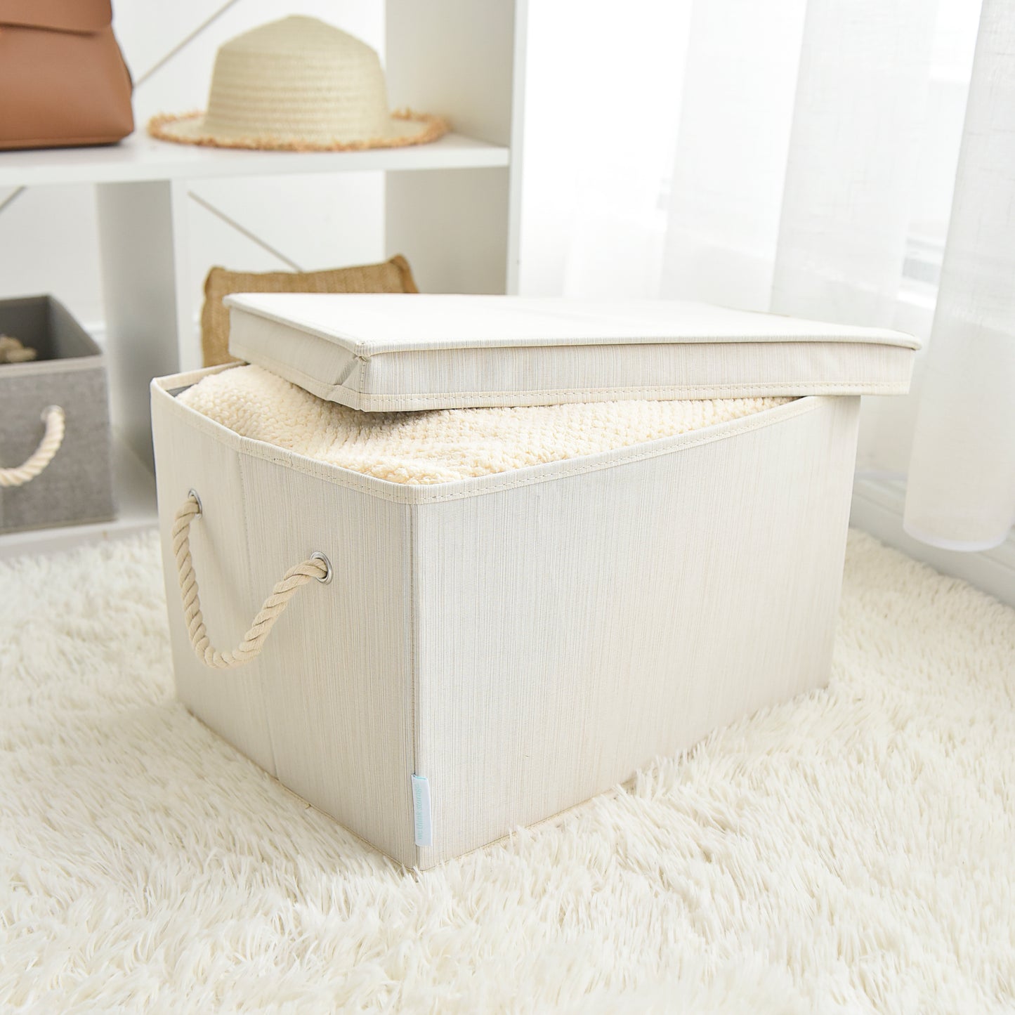 WeThinkStorage 34L Foldable Organizing Storage Bin with Rope Handle and Lid - Ivory