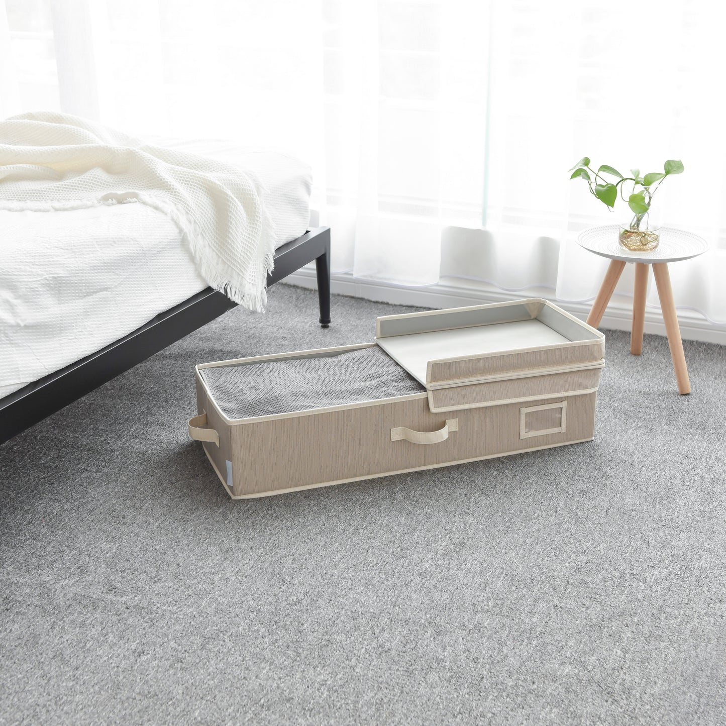 WeThinkStorage Folding Fabric Under Bed Organizer w/Double Open Lid - Clay